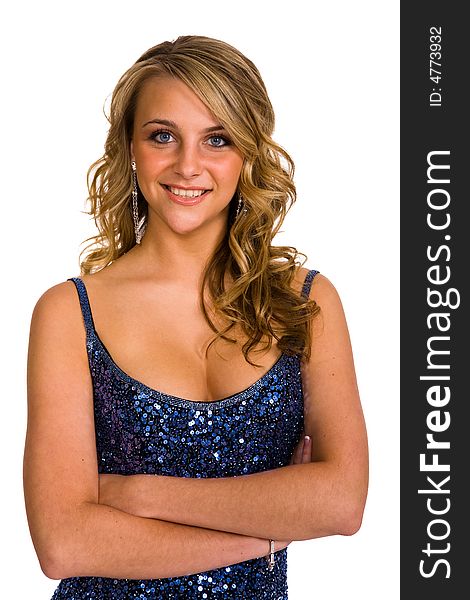 Blonde in blue sequin dress looking at camera, isolated over white. Blonde in blue sequin dress looking at camera, isolated over white