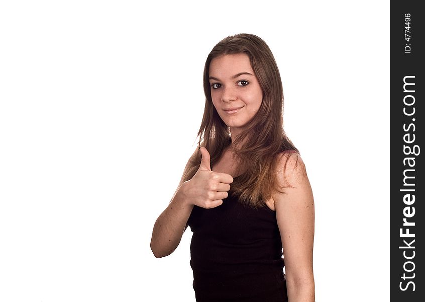 Young woman giving the thumbs up sign. Isolated on a white background. Young woman giving the thumbs up sign. Isolated on a white background