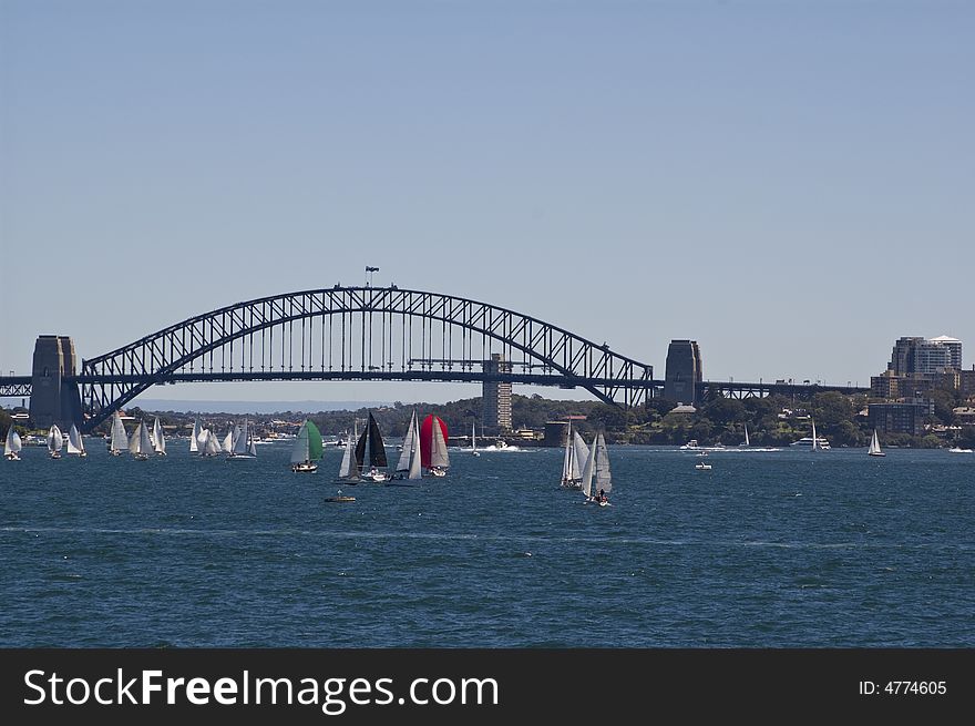 Sydney harbor and bridge with large expanse of blue sky and many sailboats in foreground. Sydney harbor and bridge with large expanse of blue sky and many sailboats in foreground