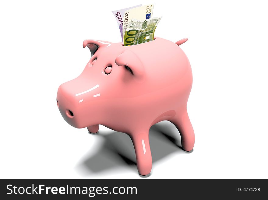 Pink pig coin box with euro on the white background