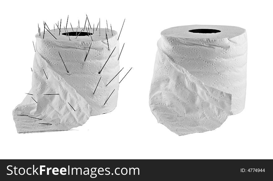 Two rolls of toilet paper. One with needles and one without.