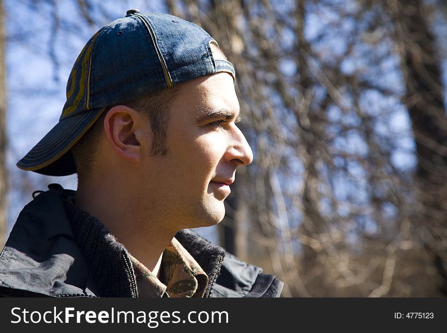 Man Walking In The Forest. Spring Time. Man Walking In The Forest. Spring Time.