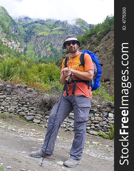 Trekker On The Road. Nepal Annapurna Trekking.