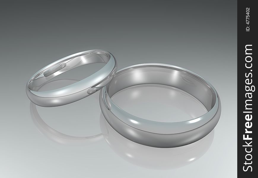 CG illustration of overlapping platinum wedding rings on a glass surface.