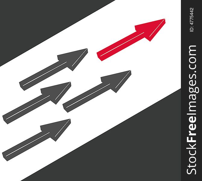 Vector illustration of a red arrow ahead of four gray arrows in a race. Vector illustration of a red arrow ahead of four gray arrows in a race