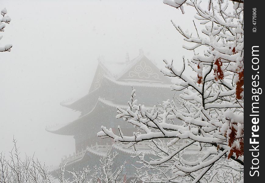 Ancient architecture in lightly falling snow. Ancient architecture in lightly falling snow.