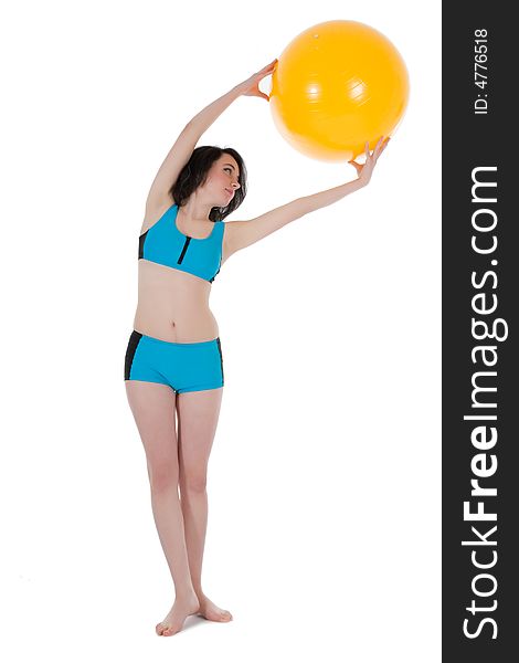 Girl practicing fitness  on  white  background