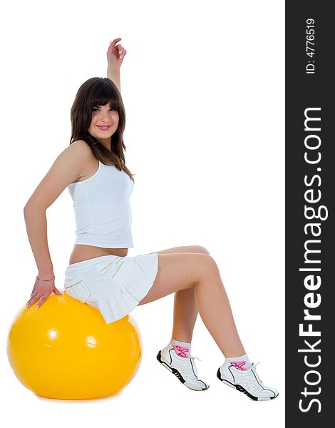 Girl practicing fitness  on  white  background