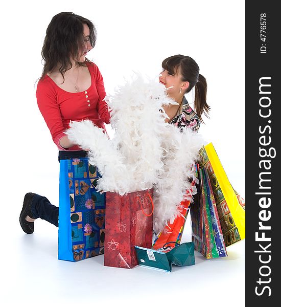 Expressive girls  on white background  shopping. Expressive girls  on white background  shopping