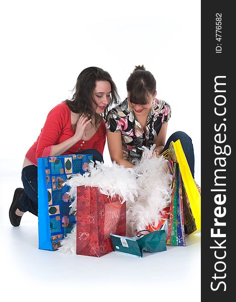 Expressive girls  on white background  shopping. Expressive girls  on white background  shopping