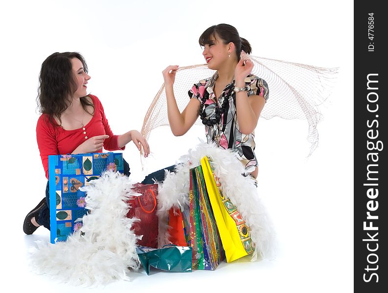 Expressive girls  on white background  shopping. Expressive girls  on white background  shopping