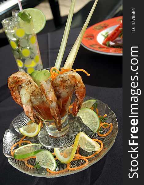 Shrimp cocktail with lemon and lime