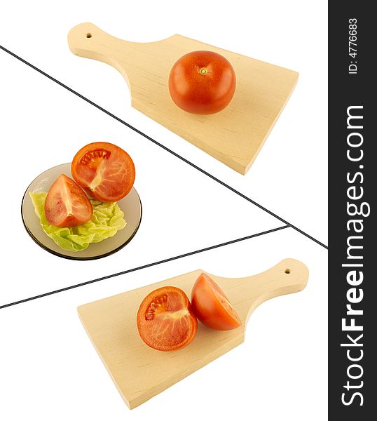 Fresh tomato slices on a wooden cutting board, tomato sliced on a plate with lettuce. Fresh tomato slices on a wooden cutting board, tomato sliced on a plate with lettuce