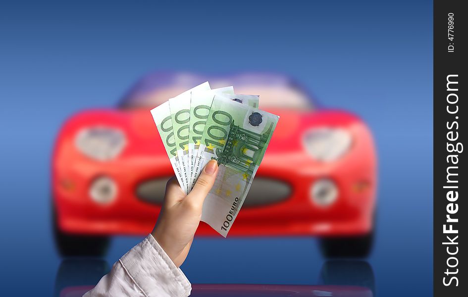 Buying new sport car concept. Hands with money and car on the image. Buying new sport car concept. Hands with money and car on the image.