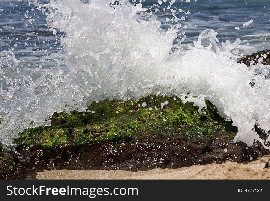 A wave crashes into a mossy rock. A wave crashes into a mossy rock.