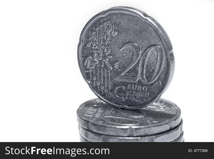 2o eurocent coin on pile. Isolated on white background.