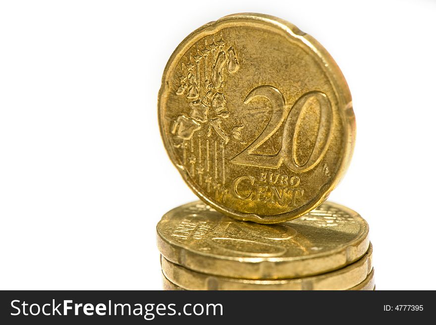 2o eurocent coin on pile. Isolated on white background.