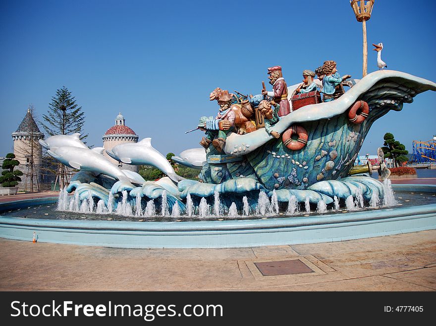 A cute corsair with fountain around on the Discovery Kingdom Dalian ,China.