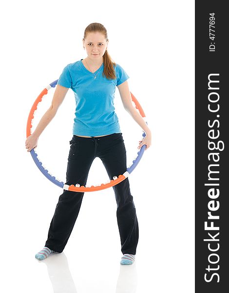 The young woman with the hoop isolated on a white background