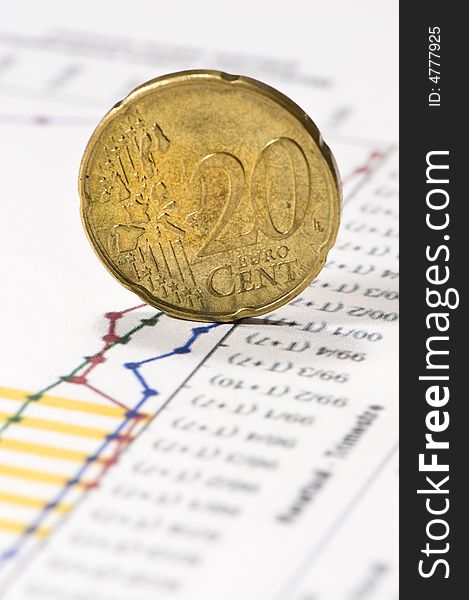 Euro coins on financial graphs. White background. Euro coins on financial graphs. White background.