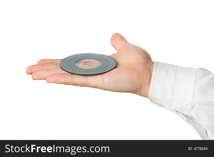 Businessman hand, holding cd isolated on white