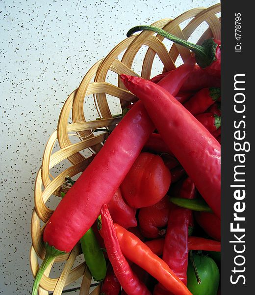 Basket of red  and green hot chili's. Basket of red  and green hot chili's.