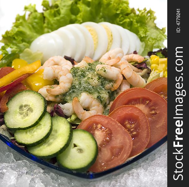 Shrimp salad and eggs, closeup. Shrimp salad and eggs, closeup