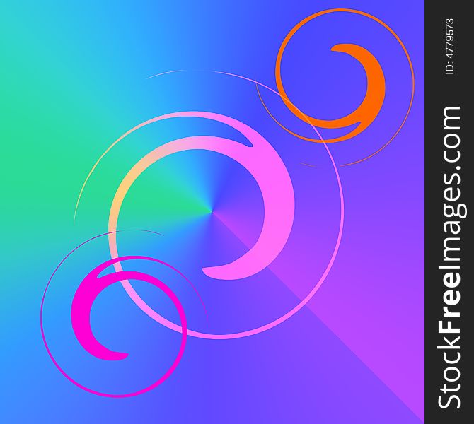 Square design with 3 colored swirls on blue,green and magenta background. Square design with 3 colored swirls on blue,green and magenta background
