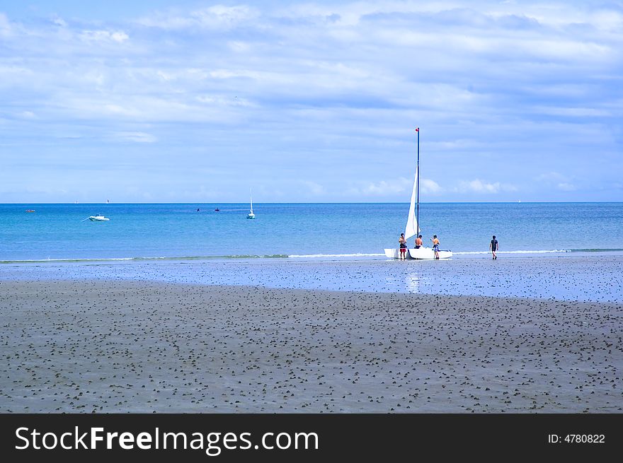 Preparing a catamaran for a ride at sea