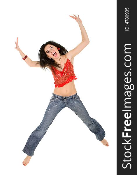 Picture of happy woman over white background