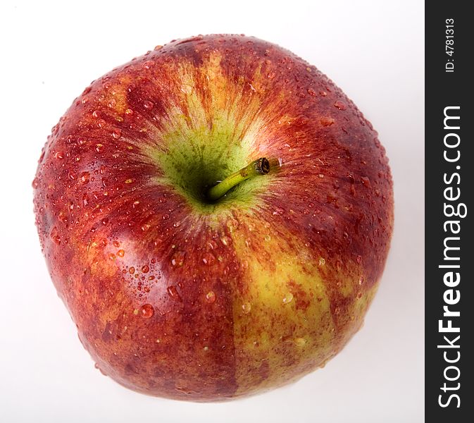 Close-up picture of a wet red apple over white