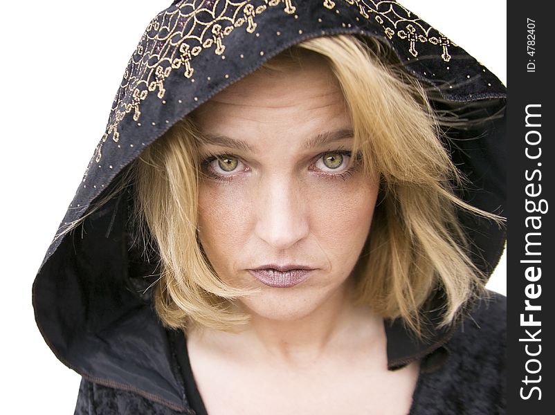 New Age Woman with Green Eyes Wearing a Hood. New Age Woman with Green Eyes Wearing a Hood