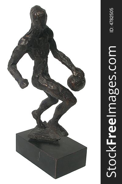 Close up of a bronze statue of a basketball player over white background, side view. Close up of a bronze statue of a basketball player over white background, side view