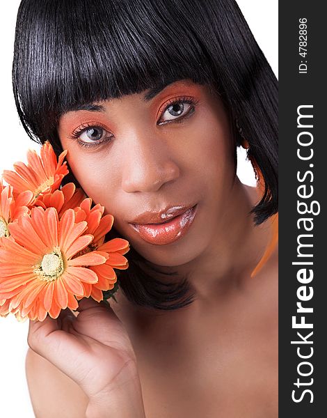 Beautiful african american model holding flowers. Beautiful african american model holding flowers