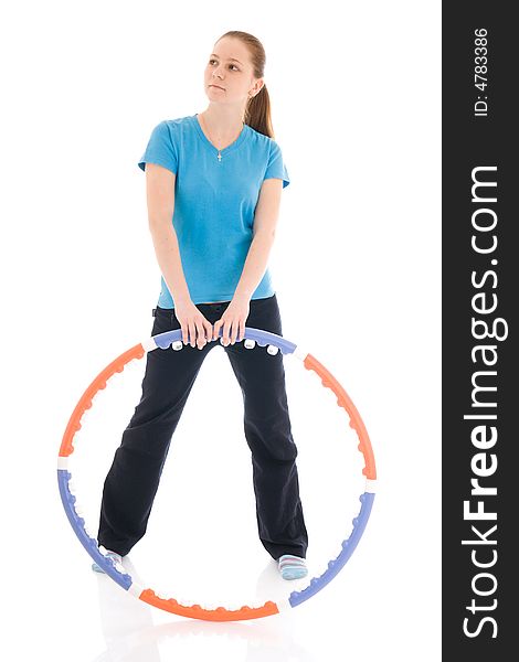 The young woman with the hoop isolated on a white background