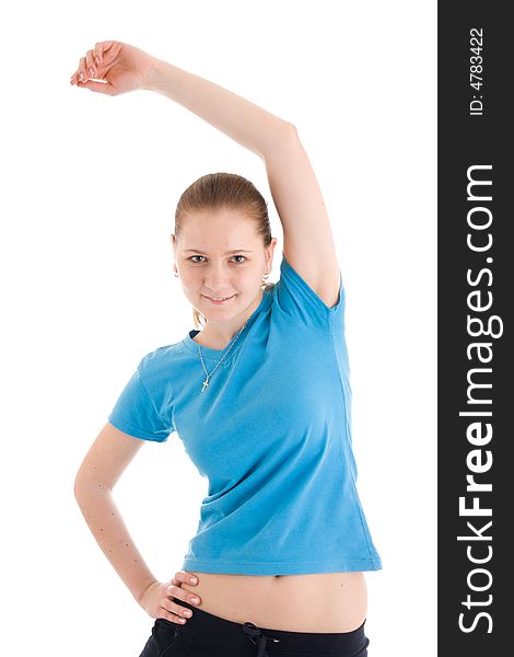 The Young Woman Doing Exercise Isolated On A White