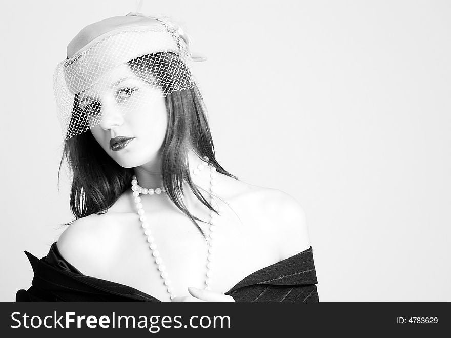 Retro Styled Woman In Hat at white background