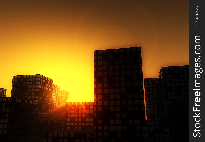 An image of a city full of skyscrapers with a setting or rising sun. An image of a city full of skyscrapers with a setting or rising sun.