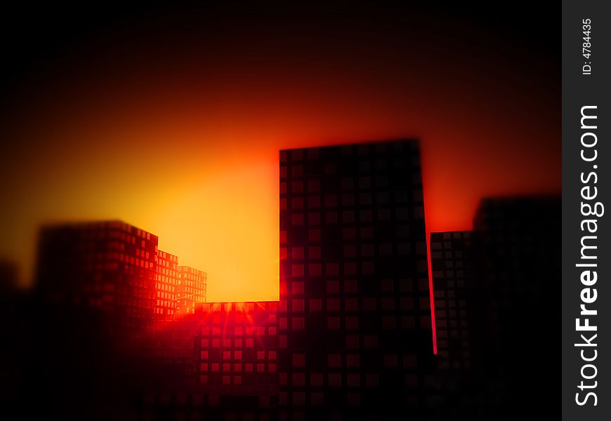 An image of a city full of skyscrapers with a setting or rising sun. An image of a city full of skyscrapers with a setting or rising sun.