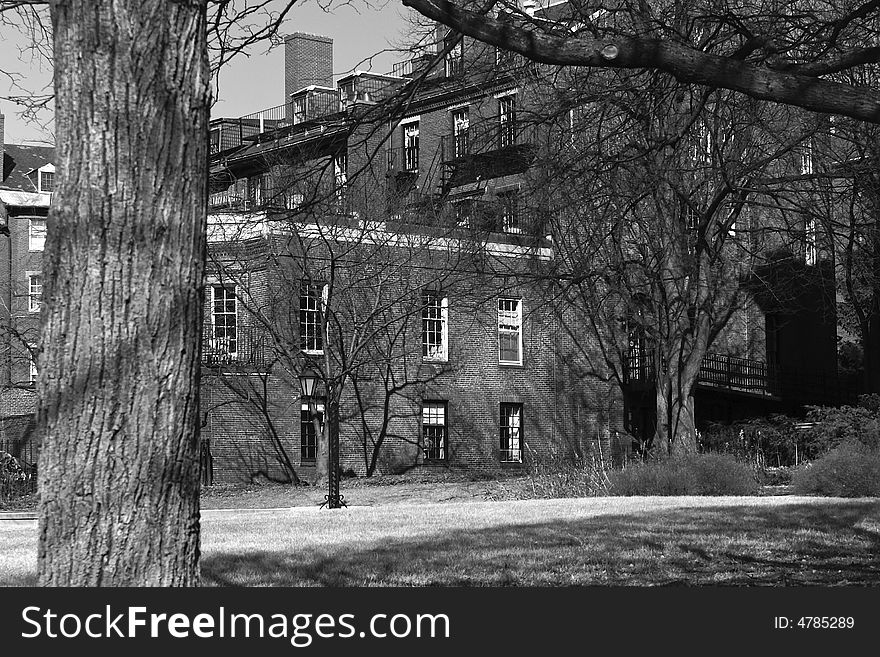 Haunting new england image of large old brick building hidden in the trees in black and white