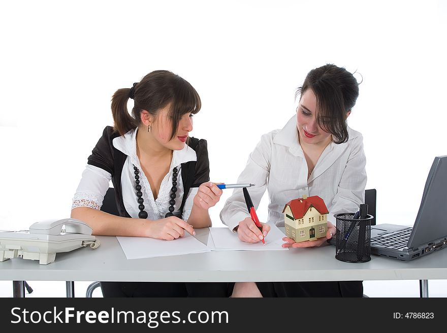 Business woman advertises real estate on white background