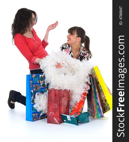 Expressive girls  on white background  shopping. Expressive girls  on white background  shopping