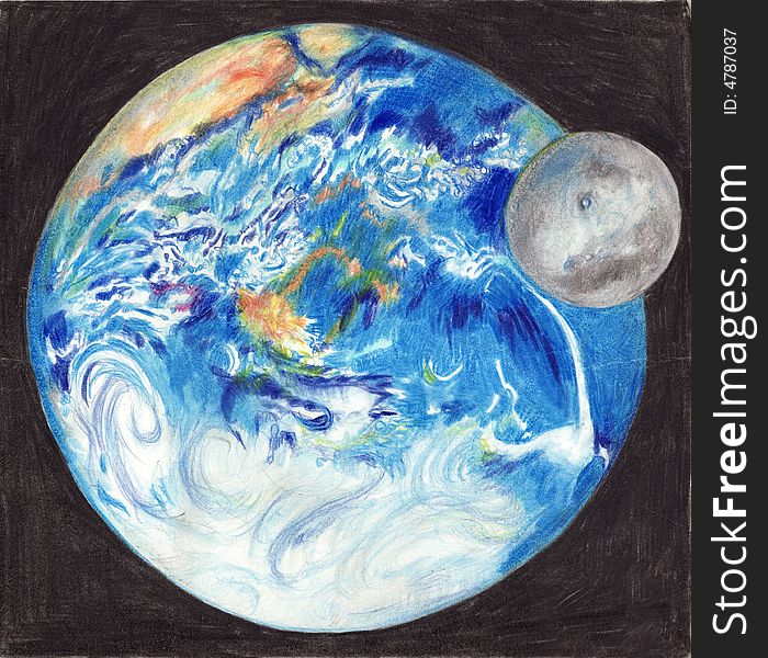 Earth and Moon hand drawn illustration