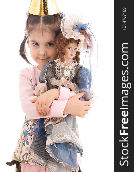 The little girl with a doll isolated on a white background