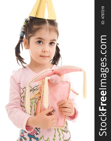 The little girl with a doll isolated on a white background