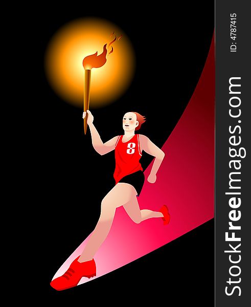 Vector illustration for a torchbearer running in low angle viewing. Metaphor for a new and big step in history