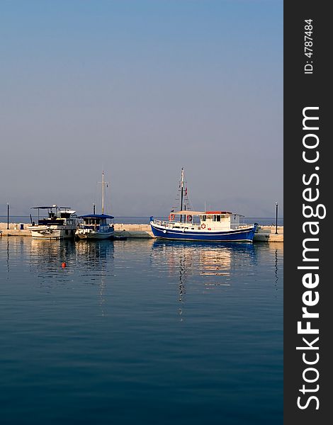 Greek boat marine landscape on sunset. Greek boat marine landscape on sunset