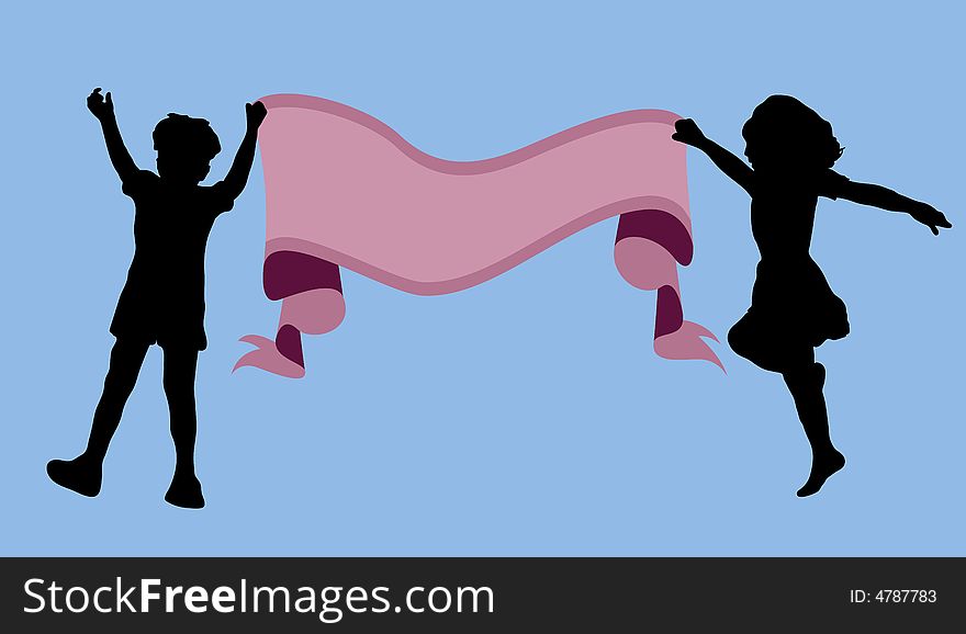 Illustration of two children holding up blank sign. Illustration of two children holding up blank sign