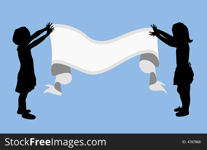 Illustration of two children holding up blank sign. Illustration of two children holding up blank sign