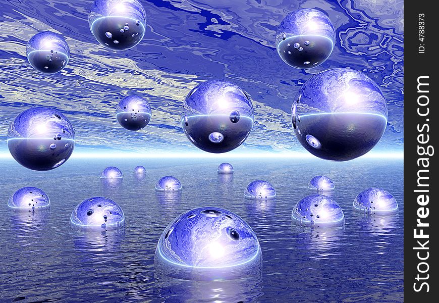 Rising water balls - digital artwork.